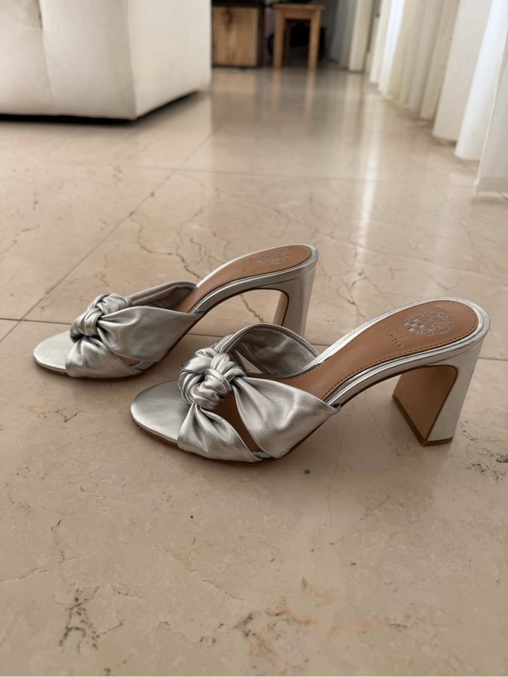 Vince Camuto Silver Knotted Satin Block Heel Mules